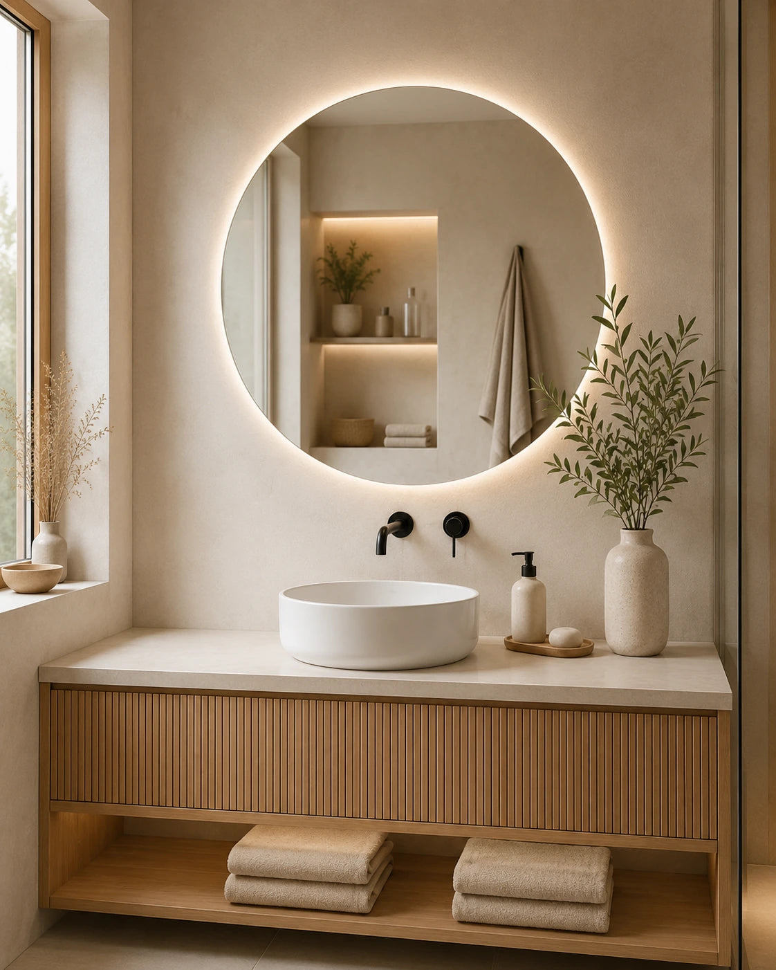 LED-Spiegel in einem warmen Badezimmer