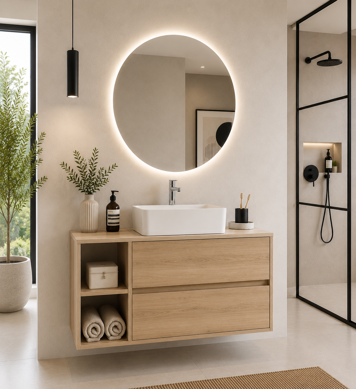 Badezimmermöbel ZEUS mit Holzarbeitsplatte und Aufsatzwaschbecken