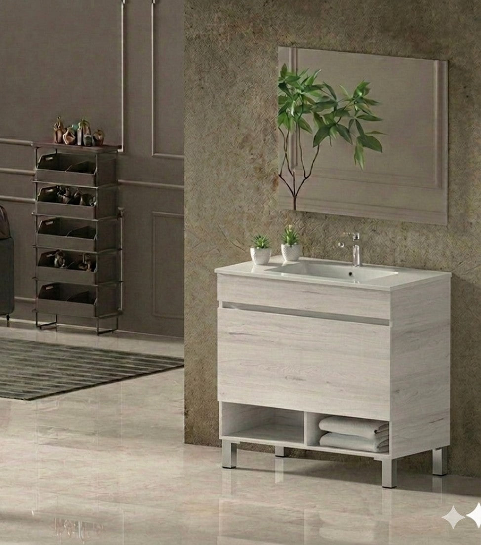 Badezimmermöbel mit Beinen NEBARI mit Schublade und extraflachem Waschbecken