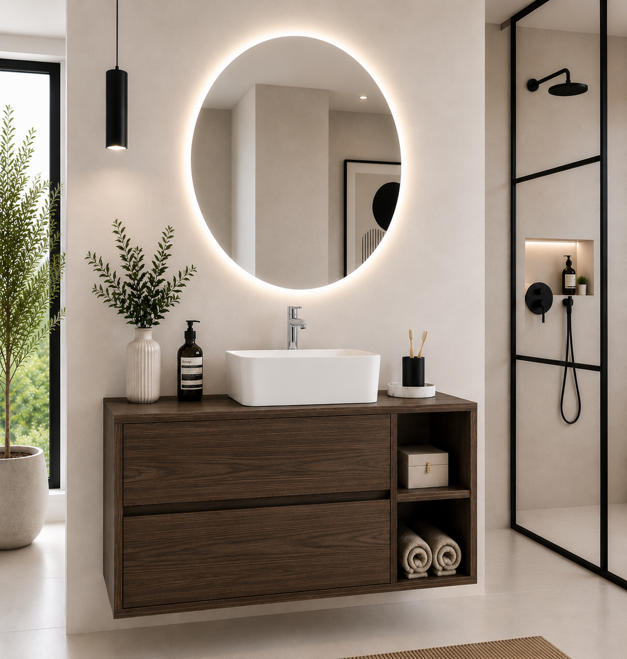 Badezimmermöbel ZEUS mit Holzarbeitsplatte und Aufsatzwaschbecken